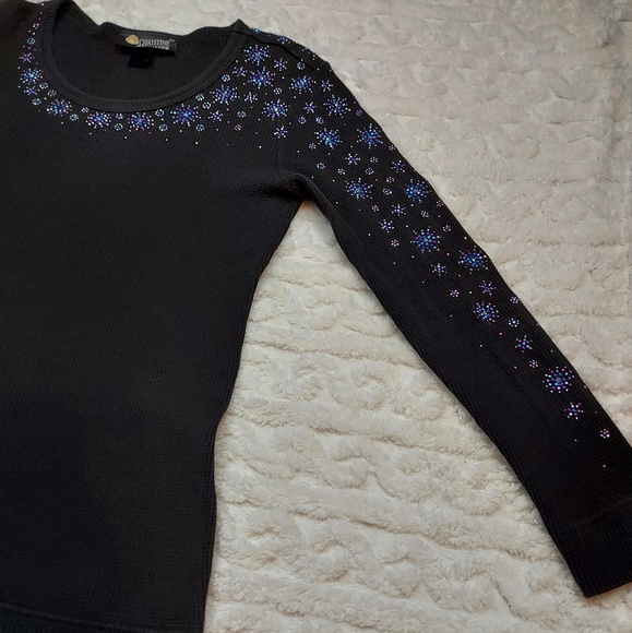 Christine Alexander Black Long Sleeve Rhinestone Detail Top Size L - Picture 7 of 11